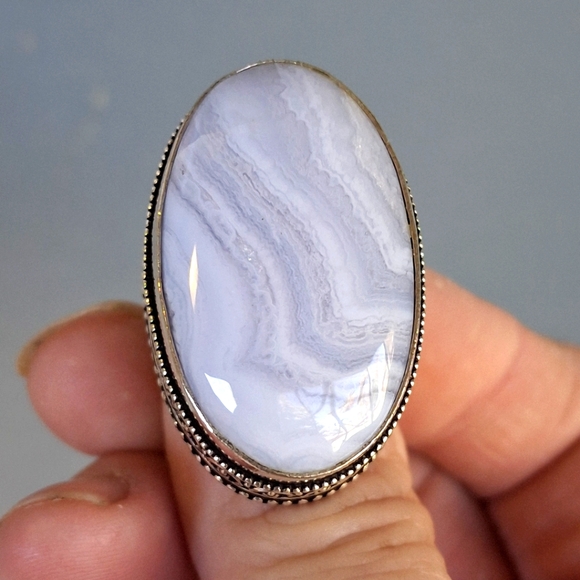 New Blue Lace Agate 925 Silver Statement Ring. - Picture 1 of 16